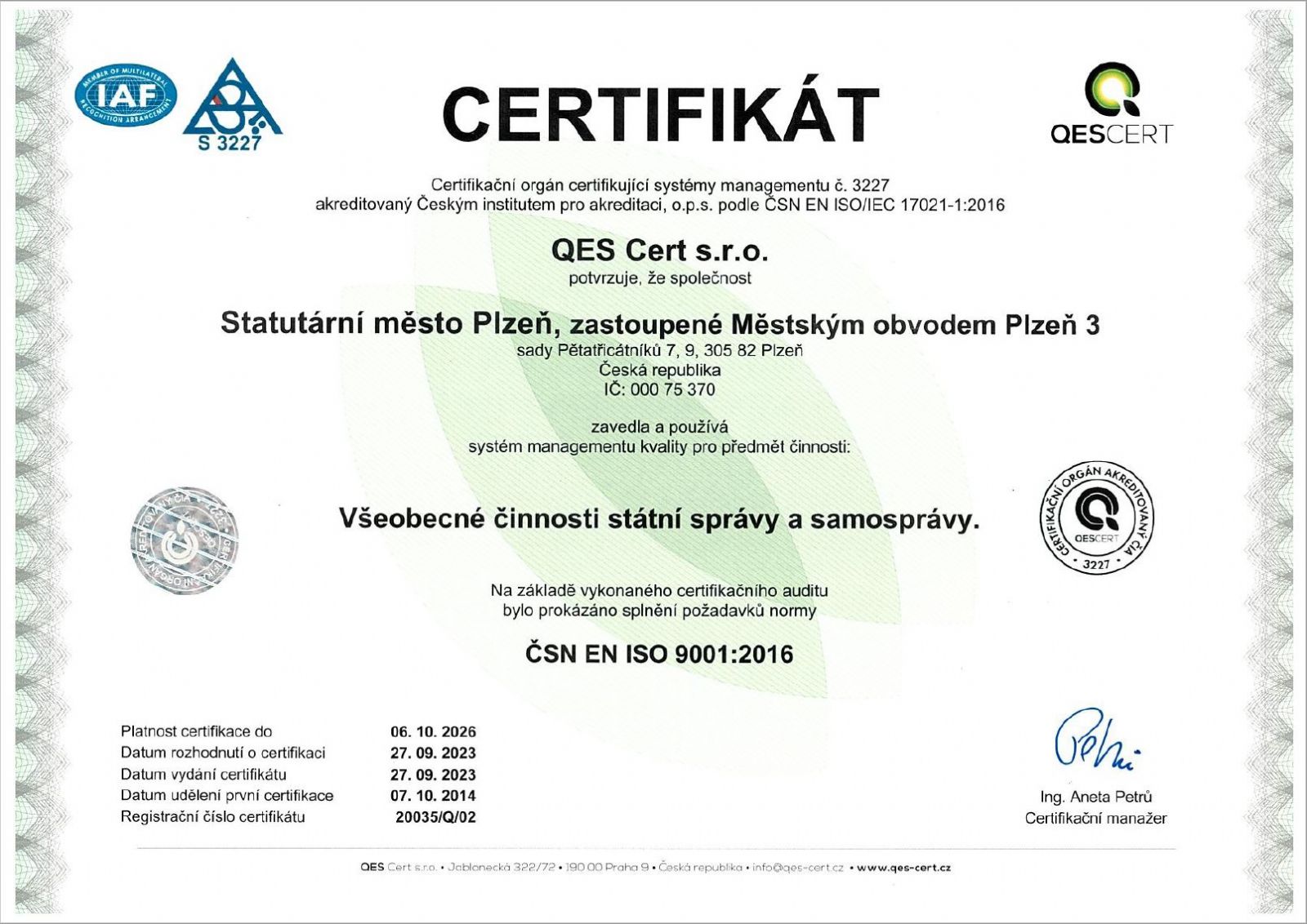 Úřad městského obvodu Plzeň 3 obhájil certifikát kvality ISO 9001:2016