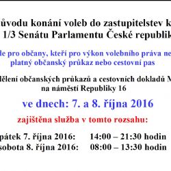Vydávání občanských průkazů ve dnech voleb do zastupitelstev krajů a 1/3 Senátu Parlamentu České republiky pro občany správního obvodu města Plzně