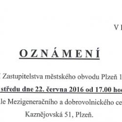 Zastupitelstvo městského obvodu Plzeň 1 bude zasedat 22. června 2016