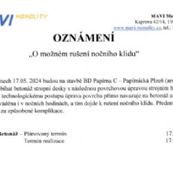 Oznámení o noční práci dne 17.5.2024 na stavbě BD Papírna C – Papírnická ulice