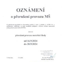 Oznámení o přerušení provozu 55. MŠ v Plzni