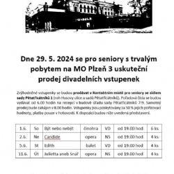 Prodej vstupenek pro seniory z MO Plzeň 3 na měsíc červen 2024
