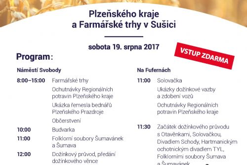 Obrázek - Dožínky Plzeňského kraje a Farmářské trhy zvou příští sobotu do Sušice
