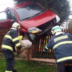 Auto přistálo ve Víchově na stromě a plotu rodinného domu  