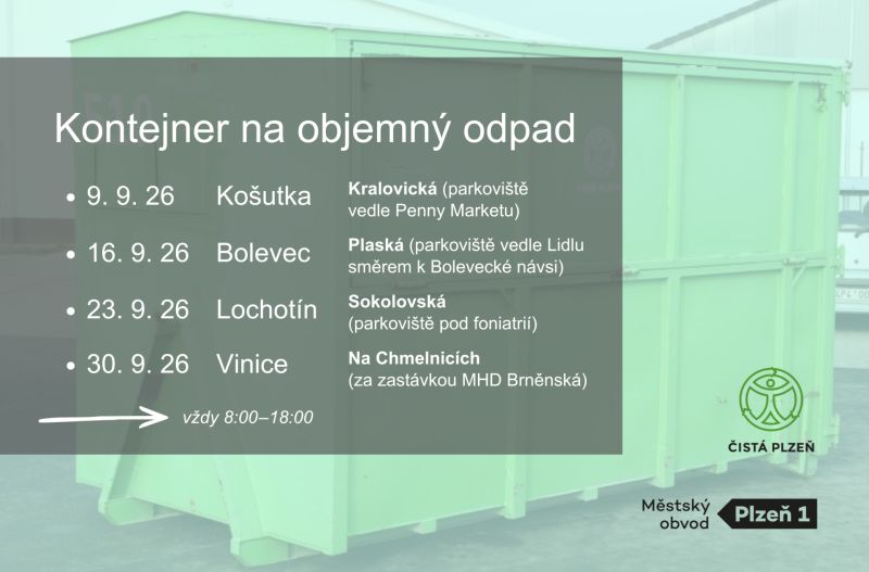 Kontejnery na objemný odpad budou v září přistaveny na čtyřech místech