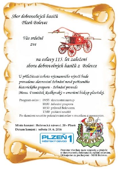 Při oslavách požehná František Radkovský nový prapor boleveckých hasičů