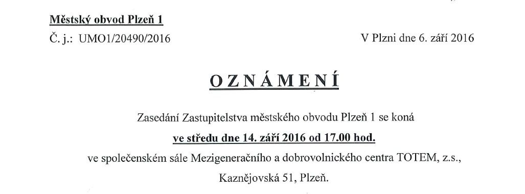 Zastupitelstvo městského obvodu Plzeň 1 bude zasedat 14. září 2016