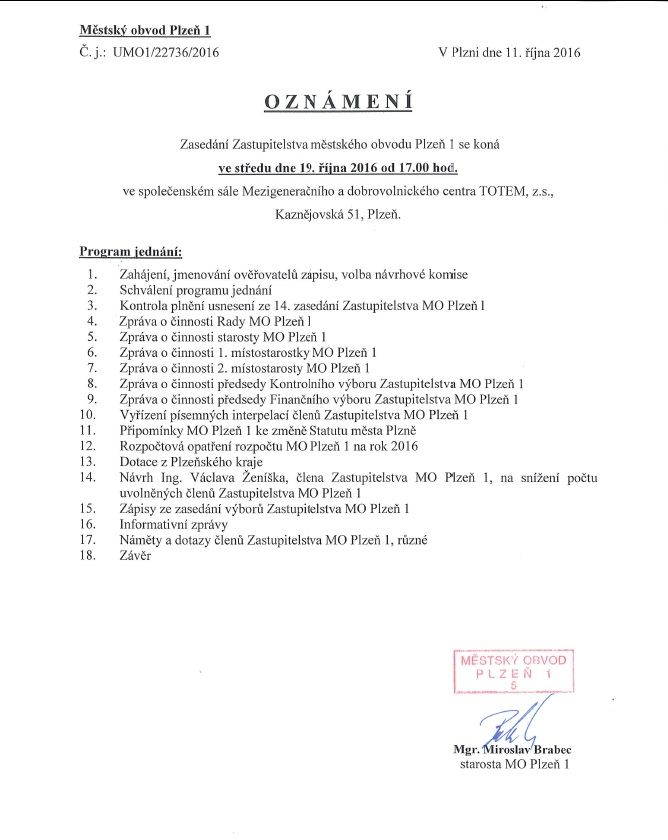 Zastupitelstvo městského obvodu Plzeň 1 bude zasedat 19. října 2016
