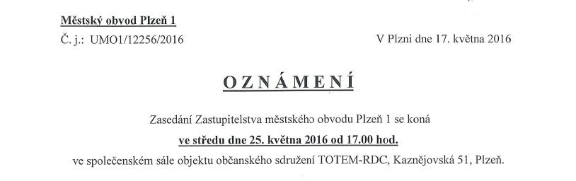 Zastupitelstvo městského obvodu Plzeň 1 bude zasedat 25. května 2016