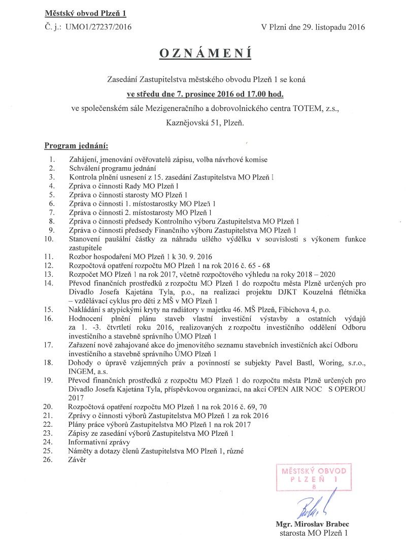 Zastupitelstvo městského obvodu Plzeň 1 bude zasedat 7. prosince 2016