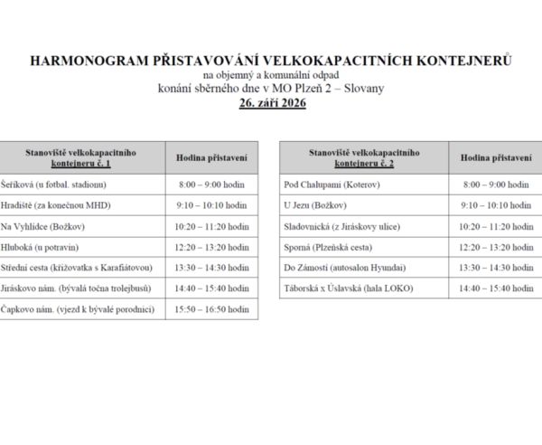 Harmonogram přistavování velkokapacitních kontejnerů