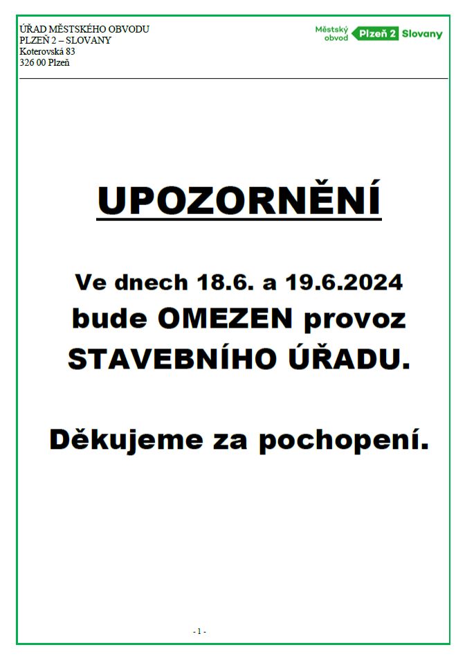 obrázek: Omezení provozu stavebního úřadu ve dnech 18.6. a 19.6.2024