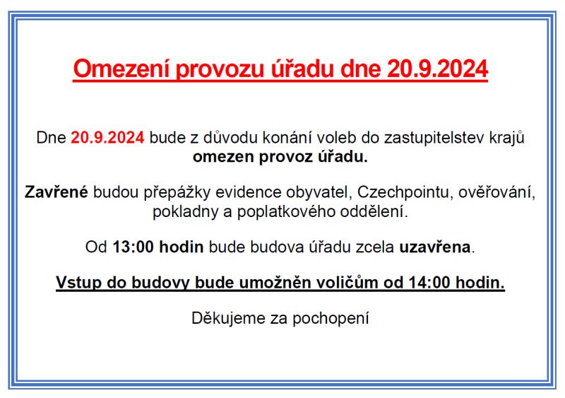 obrázek: Omezení provozu úřadu dne 20.9.2024