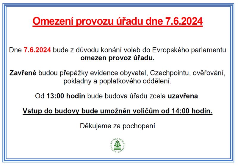 Omezení provozu úřadu dne 7.6.2024