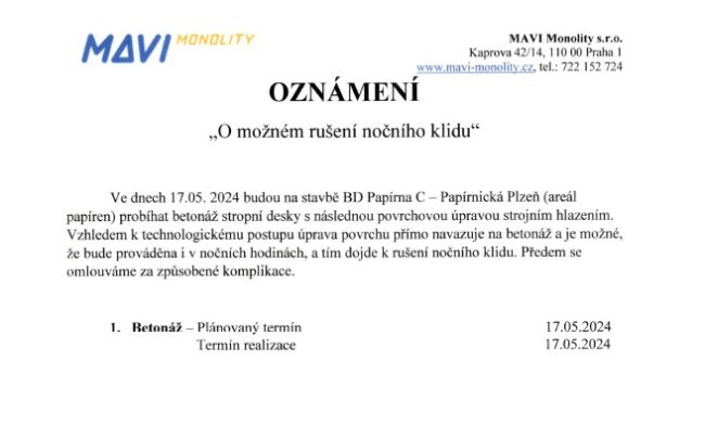 Oznámení o noční práci dne 17.5.2024 na stavbě BD Papírna C – Papírnická ulice