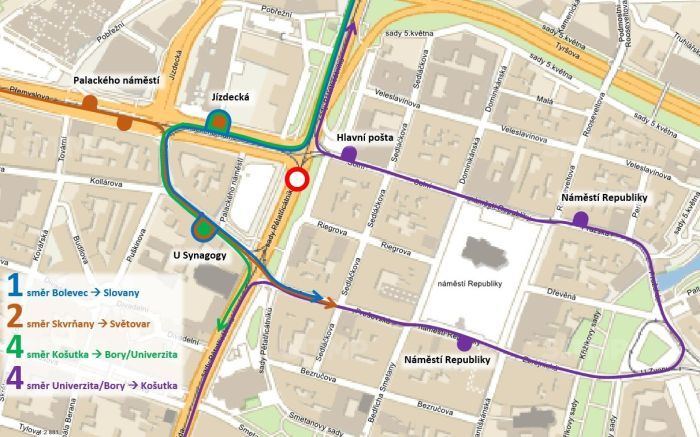 Odklon tramvajových linek z centrálních zastávek Sady Pětatřicátníků