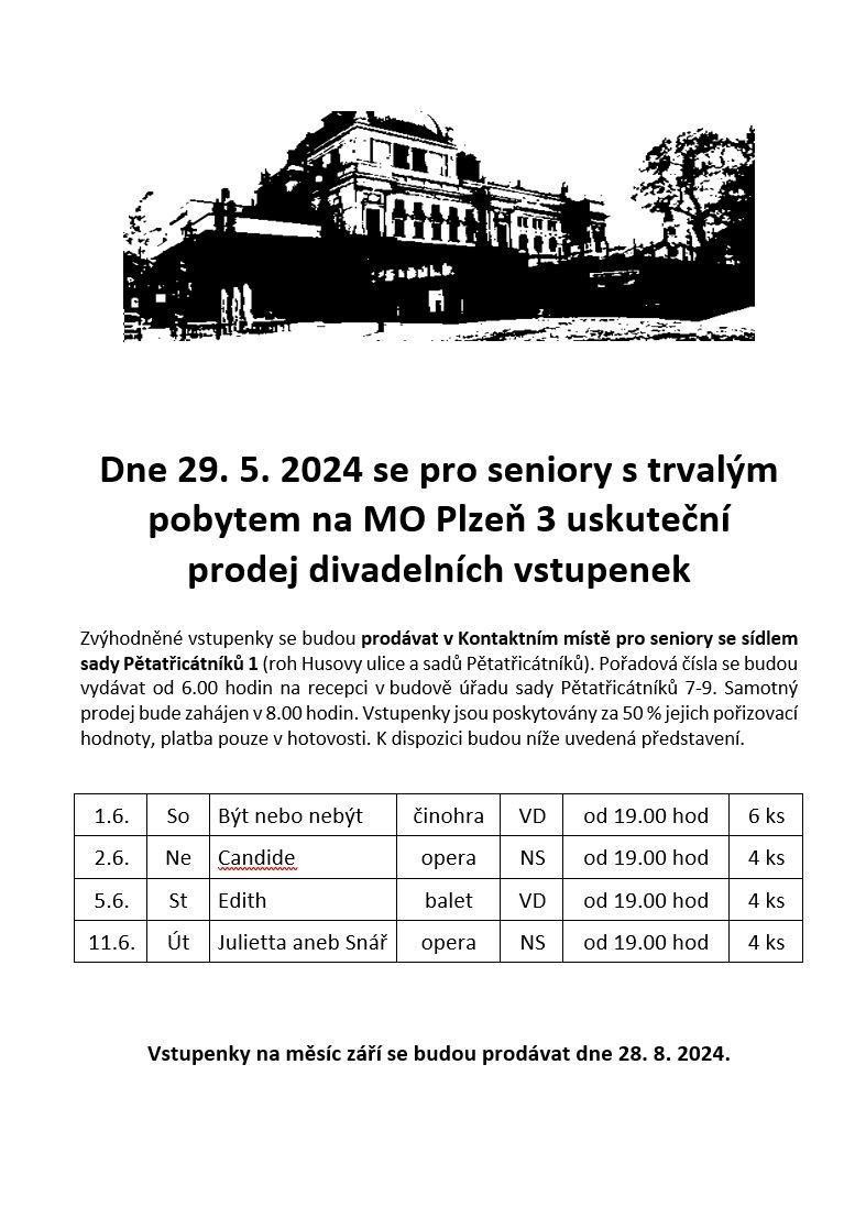 Prodej vstupenek pro seniory z MO Plzeň 3 na měsíc červen 2024