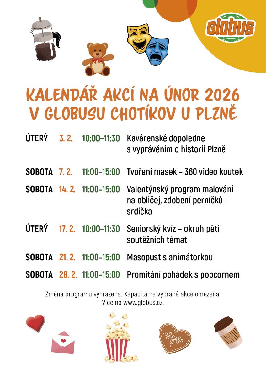 Kalendář akcí na únor 2026 v Globusu Chotíkov