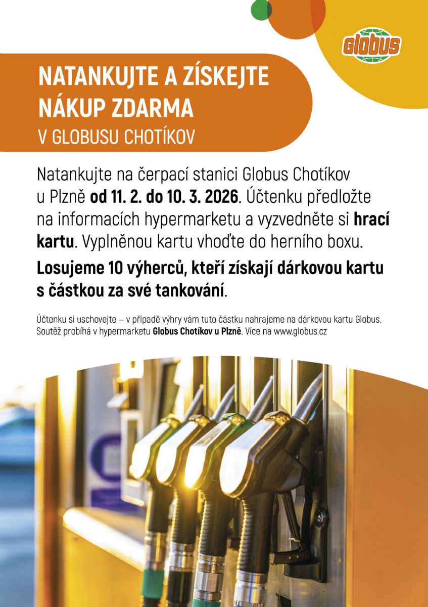 Natankujte a získejte nákup zdarma v Globusu Chotíkov