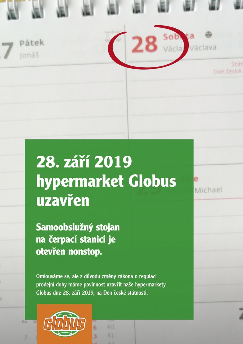 obrázek: Státní svátek 28.9.2019 bude mít Globus v Plzni ZAVŘENO