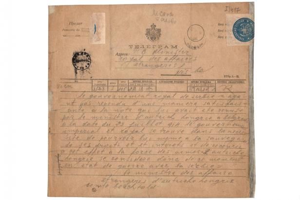 obrázek: Telegram vyhlašující po Sarajevu válku Srbsku je na seznamu UNESCO