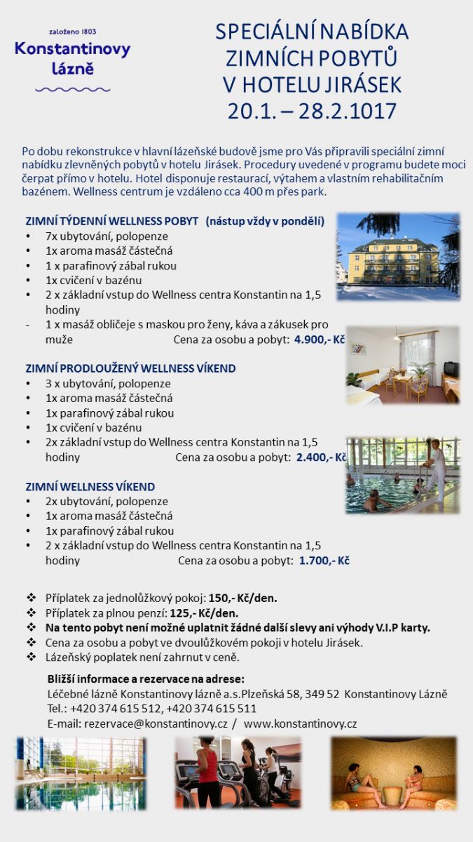 obrázek: Speciální nabídka zimních pobytů v hotelu Jirásek v Konstantinových Lázních. Nabídka platí v období 20. 1. - 28. 2. 2016