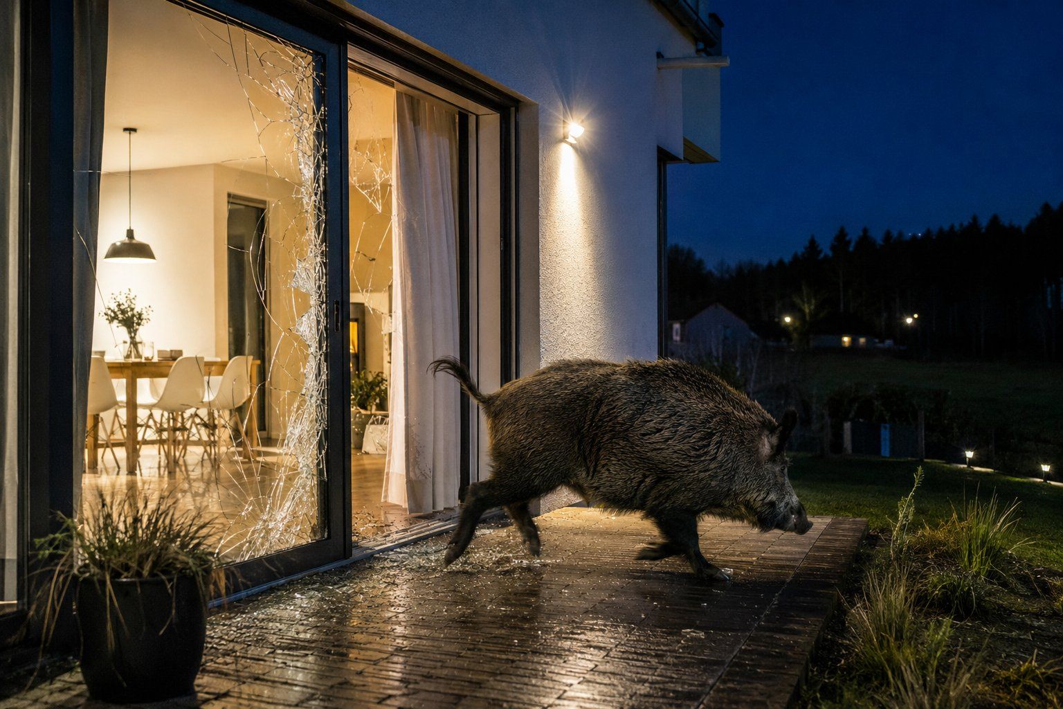 Divočák prorazil skleněné dveře domu v Plzni - Lhotě. Střepy zranily mladého muže