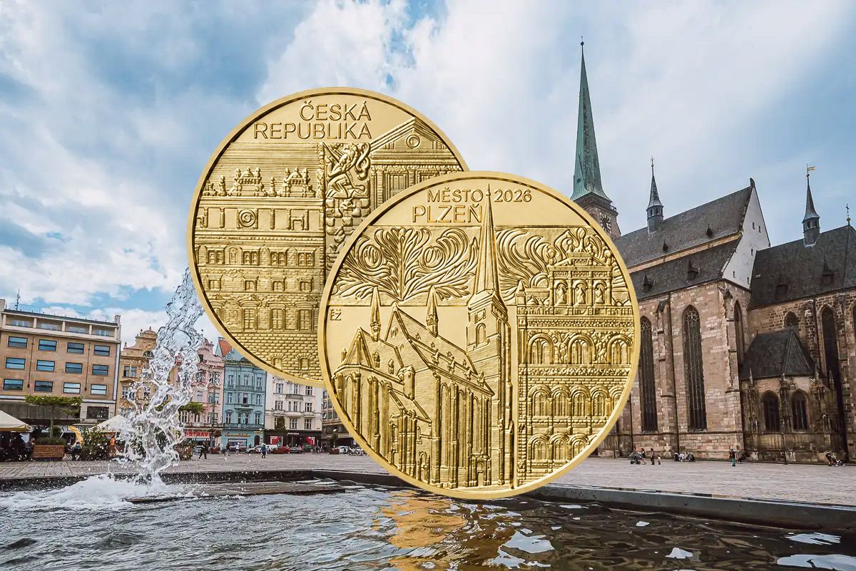 Plzeň má vlastní zlatou minci. ČNB vydala pětitisícovku s motivy historického centra