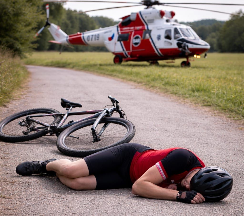 Pes vběhl cyklistovi pod kolo. Zraněného transportoval vrtulník, majitelka má problém