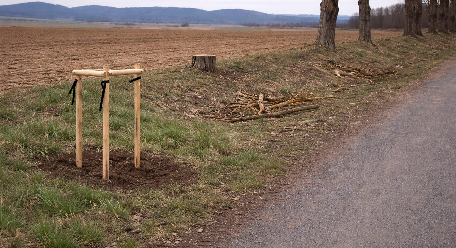 U Křakova mizí stromy. Nově vysazené švestky někdo ukradl a pokácel topoly