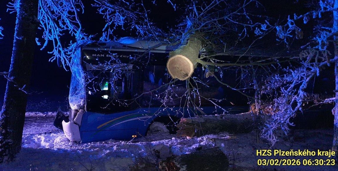 Autobus na severním Plzeňsku sjel do příkopu, strom prorazil střechu