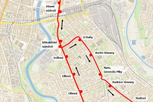 obrázek:Informace pro cestující v MHD - výluka tramvajové dopravy na linkách 1 a 2