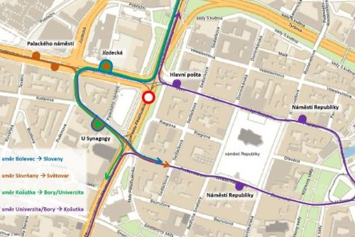 obrázek:Odklon tramvajových linek z centrálních zastávek Sady Pětatřicátníků