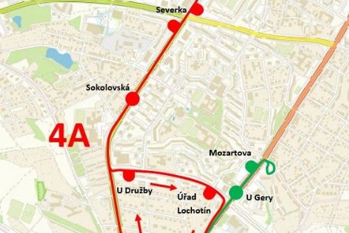 obrázek:Výluka tramvajové dopravy na lince 4 v úseku Zoologická zahrada – Košutka