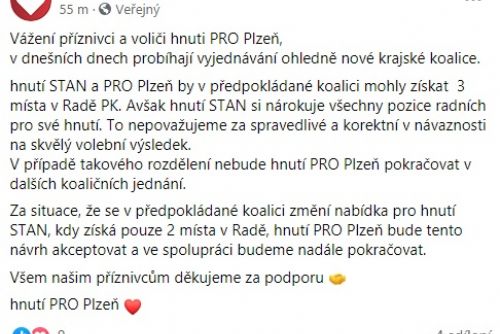 Foto: Hnutí Pro Plzeň varuje před odchodem z volební koalice vedené Bernardem