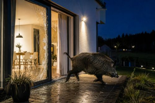 obrázek:Divočák prorazil skleněné dveře domu v Plzni - Lhotě. Střepy zranily mladého muže