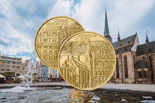 obrázek:Plzeň má vlastní zlatou minci. ČNB vydala pětitisícovku s motivy historického centra