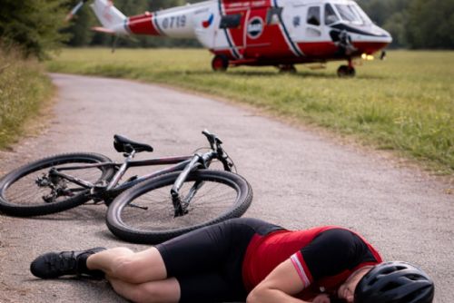 obrázek:Pes vběhl cyklistovi pod kolo. Zraněného transportoval vrtulník. Majitelka má problém