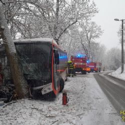 V Plzni na zledovatělé silnici narazil autobus do stromu